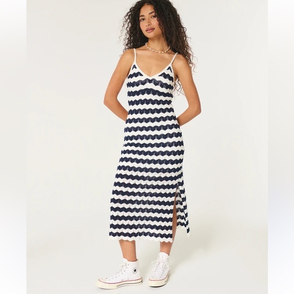 Hollister Dresses & Skirts - Hollister Navy and White Chevron Stripe Crochet Knit Maxi Tank Dress‎ Size Large